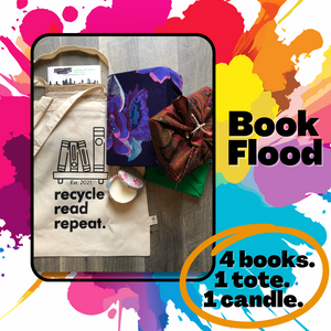 Book Flood: 4 Book Sampler + 1 Tote Bag + 1 Candle
