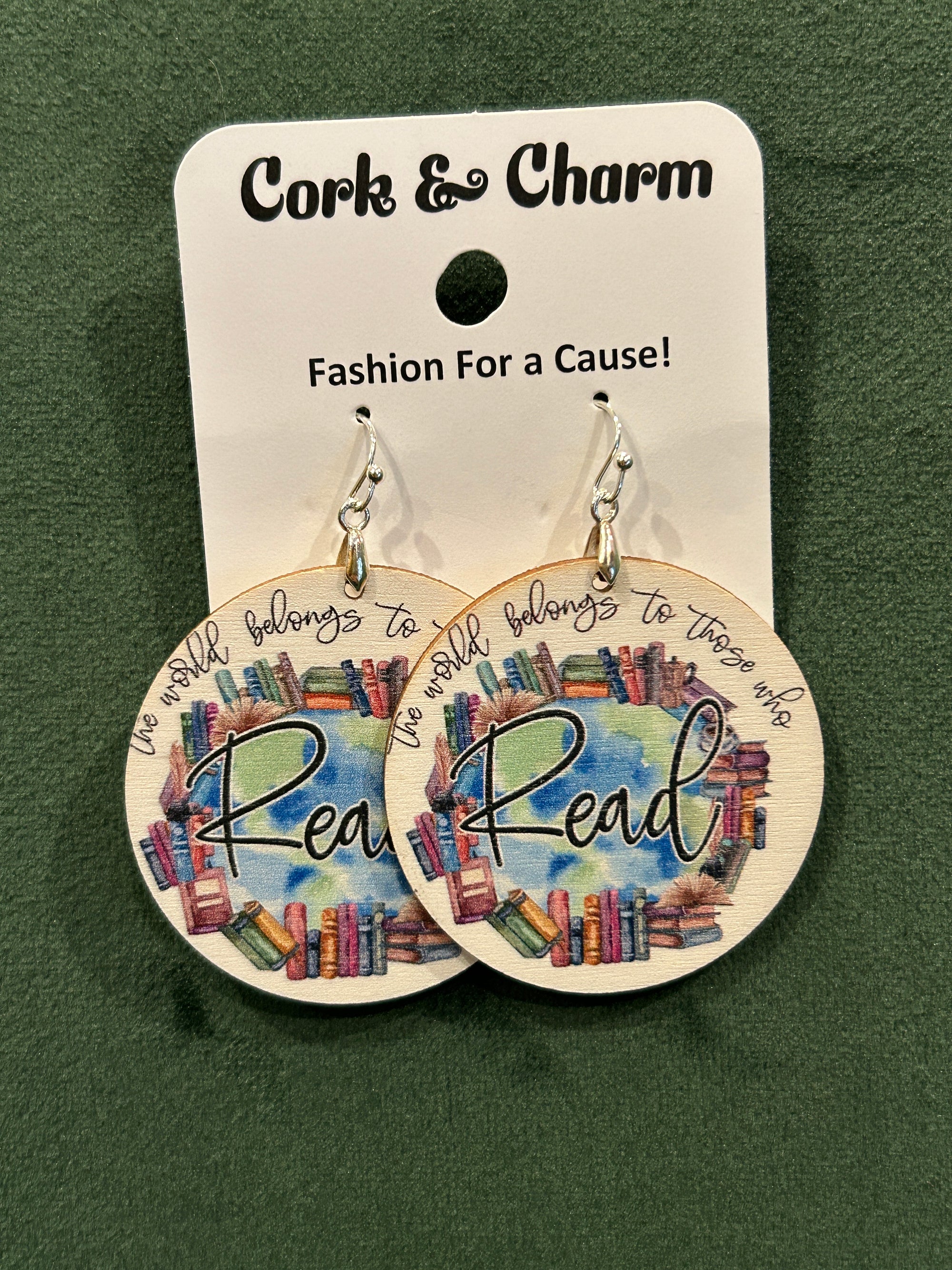 The World Belongs to Those Who Read Circle Book Wooden Sterling Silver Earring
