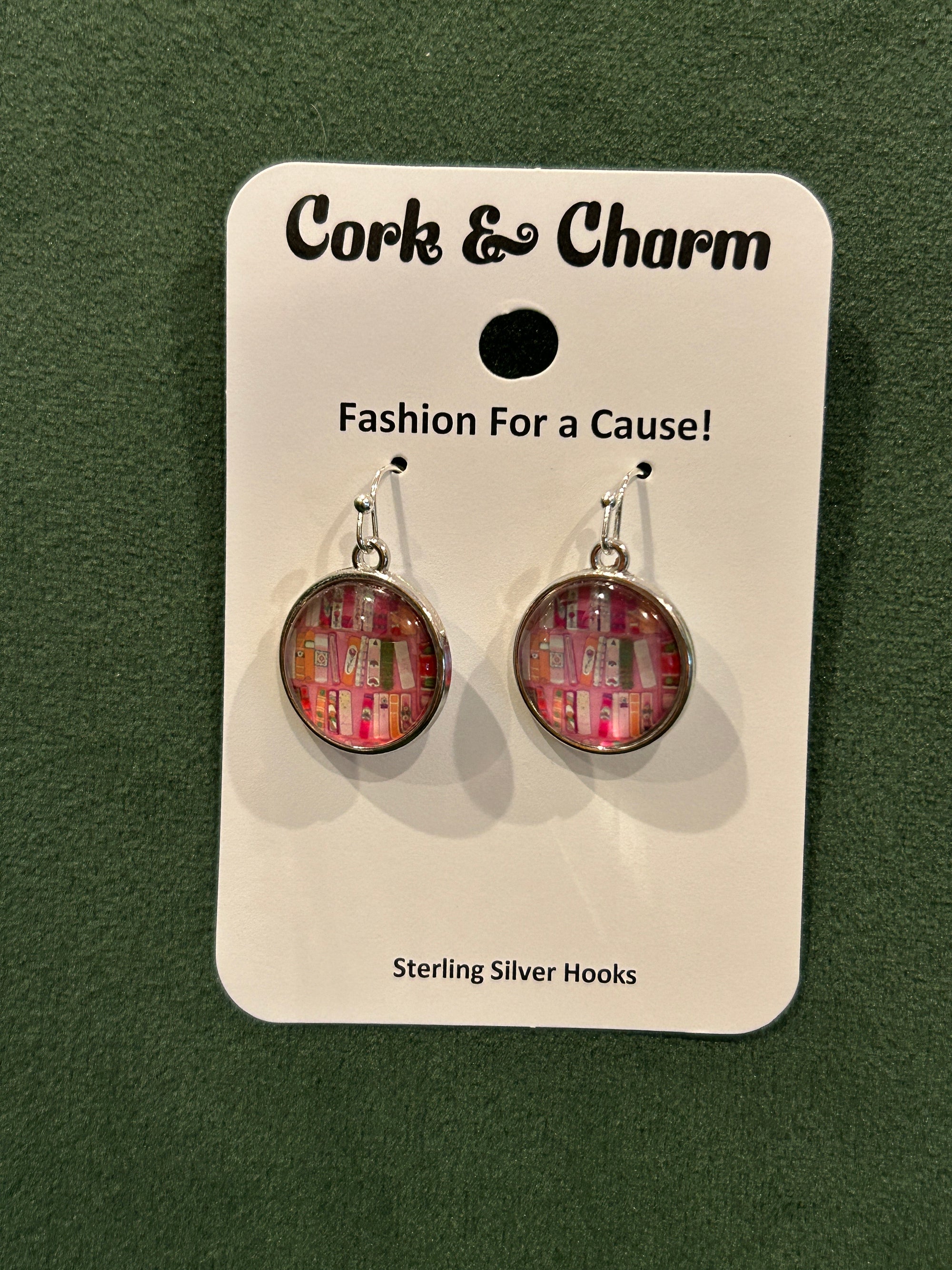 Pink Bookshelves Round Sterling Silver Earring