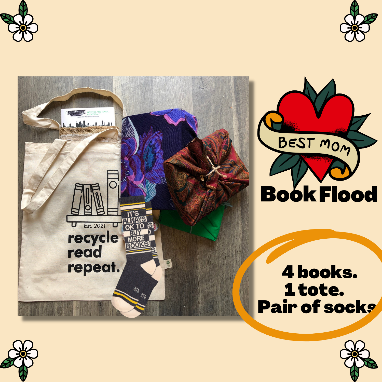 BEST MOM Book Flood: 4 Book Sampler + 1 Tote Bag + Pair of Socks